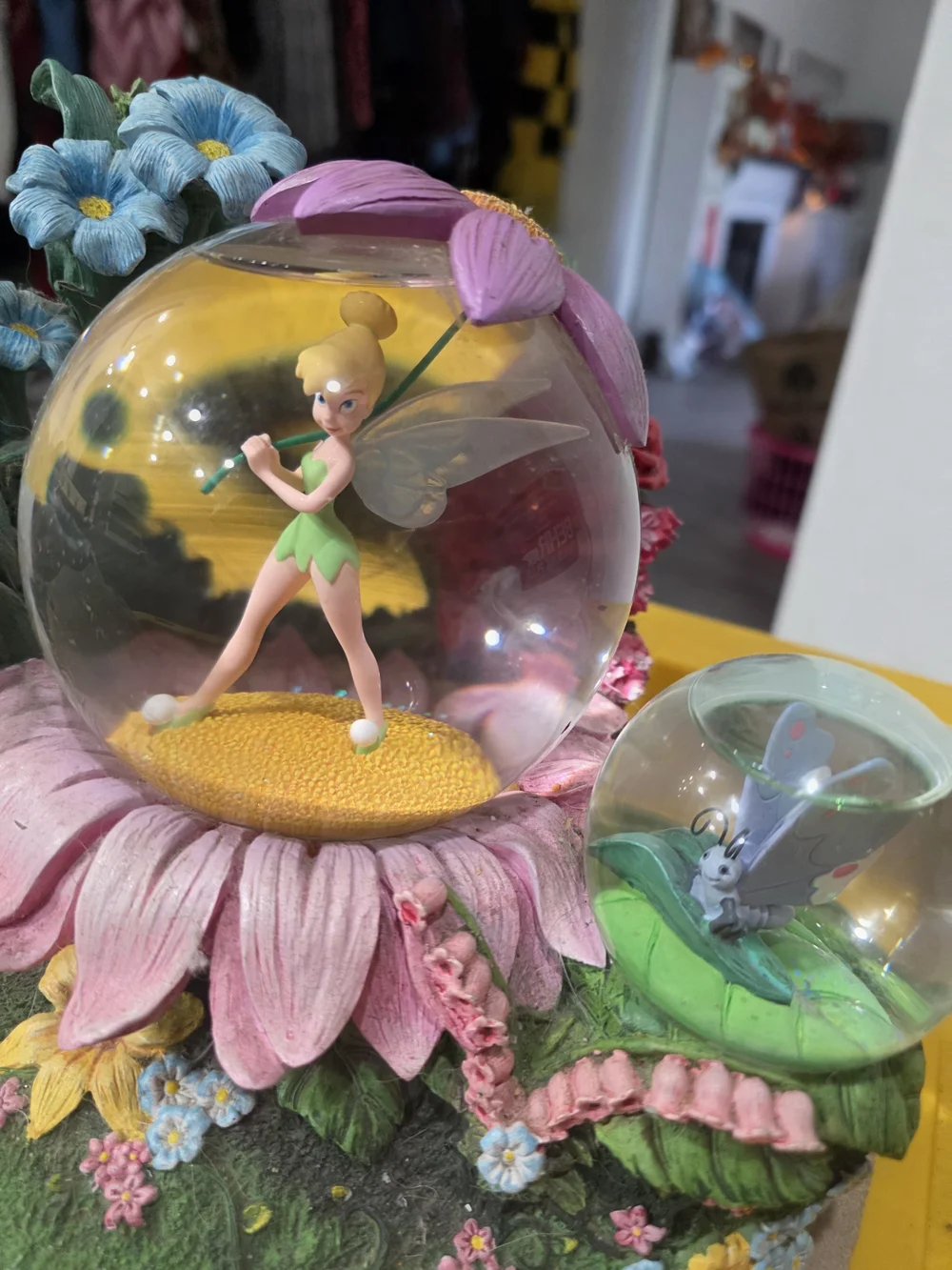 Disney Tinker Bell Glitter Globe with Pink Flower Base and Green Dress